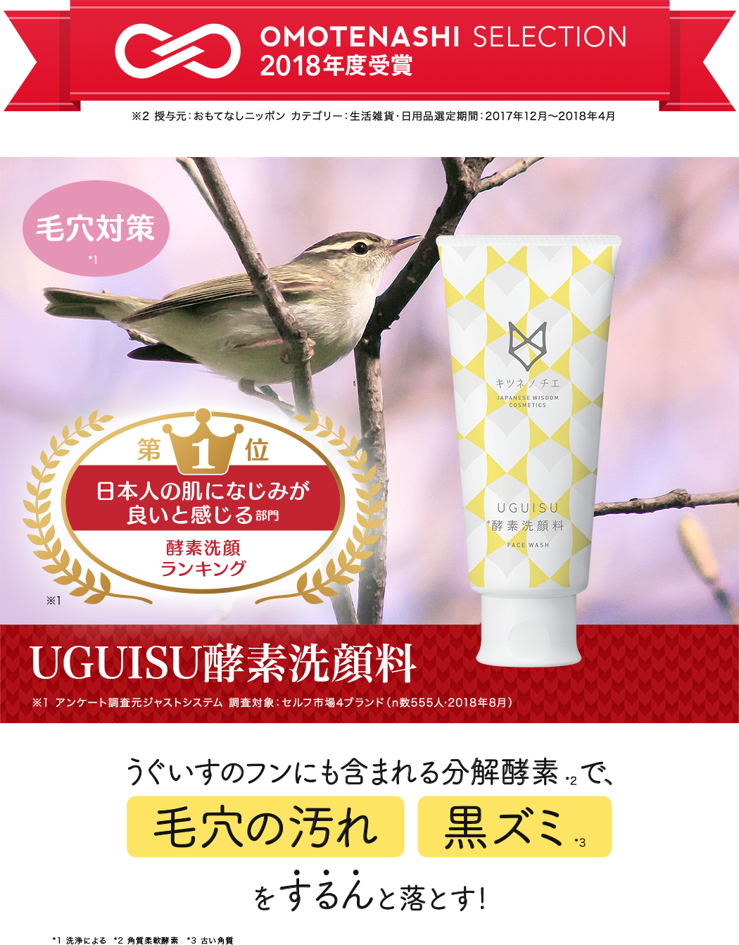OMOTENASHI SELECTION 2018年度受賞 日本人の肌になじみが良いと感じる部門酵素洗顔ランキング第1位 UGUISU酵素洗顔料